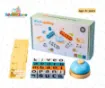 Word Spelling Game with Bell featuring colorful wooden alphabet letter blocks, English word spelling cards, blue desk bell and original packaging box.