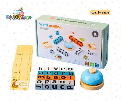 Word Spelling Game with Bell featuring colorful wooden alphabet letter blocks, English word spelling cards, blue desk bell and original packaging box.