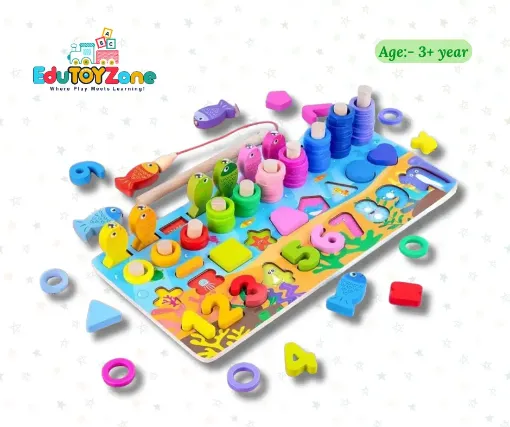 Six in One Logarithmic Board wooden learning toy featuring 6 activities including number counting, colorful ring stacking, shape sorting and magnetic fishing game.