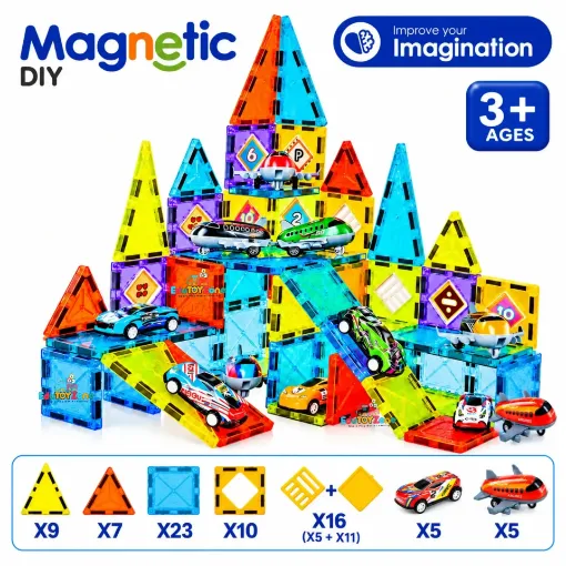 Magnetic Tiles Building Set for Kids 75 Pcs featuring colorful magnetic castle, racing cars, airplanes and building tiles