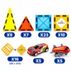 Magnetic Tiles Building Set 75 Pcs showing triangle tiles, square tiles, magnetic panels, toy cars and airplanes