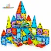Magnetic Tiles Building Set for Kids 75 Pcs assembled into a colorful magnetic castle with toy cars, airplanes and ramps