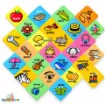 Colorful educational picture tiles featuring alphabet vocabulary illustrations including animals, fruits and everyday objects