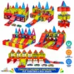Magnetic Tiles Building Set for Kids showing colorful magnetic tile racing tracks, multi-level garages and car ramps