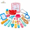 Doctor Toy Set for Kids – Medical & Dental Kit close-up showing all included accessories in the box, featuring stethoscope, syringe, thermometer, dental tools, medicine bottle and medical certificate.