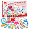 Doctor Toy Set for Kids – Medical & Dental Kit featuring wooden stethoscope, syringe, thermometer, dental teeth model, tooth extraction pliers, medicine bottles and doctor role play accessories with original packaging.