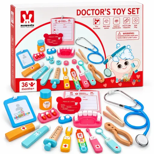 Doctor Toy Set for Kids – Medical & Dental Kit featuring wooden stethoscope, syringe, thermometer, dental teeth model, tooth extraction pliers, medicine bottles and doctor role play accessories with original packaging.