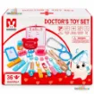 Doctor Toy Set for Kids – Medical & Dental Kit original packaging box featuring stethoscope, syringe, thermometer, dental teeth model, medicine bottles and wooden doctor role play accessories.