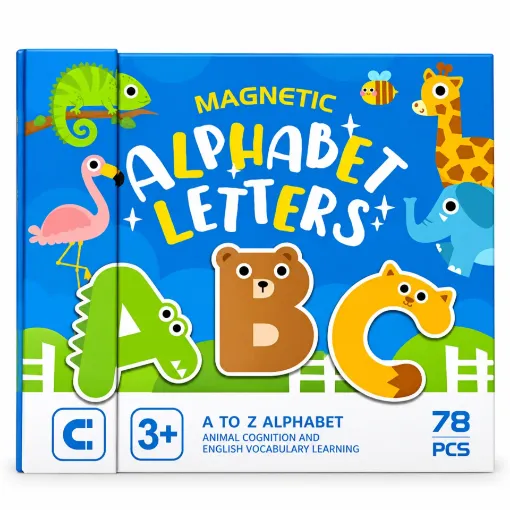 Magnetic Alphabet Letters Set – Uppercase & Lowercase 78 Pcs original packaging box featuring colorful ABC letters, cartoon animals and magnetic alphabet learning toy design.
