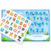 Magnetic Alphabet Letters Set – Uppercase & Lowercase 78 Pcs close-up showing colorful lowercase magnetic letter pieces with animal designs and an open A to Z alphabet learning book.