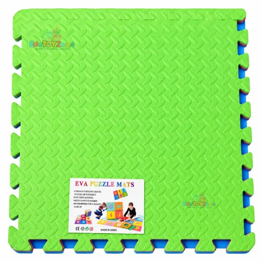 EVA Puzzle Mats for Kids featuring a green textured foam play mat with interlocking puzzle edges and colorful foam layers.